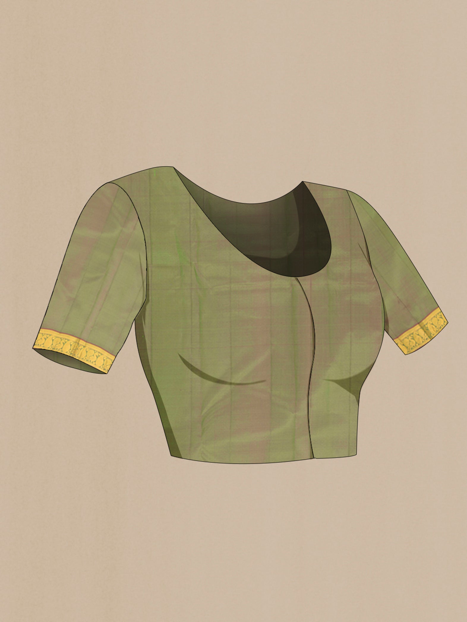 Close up image of the blouse of Light Green Kanjivaram Silk Saree with Zari Butta on the body and Zari Border. 
