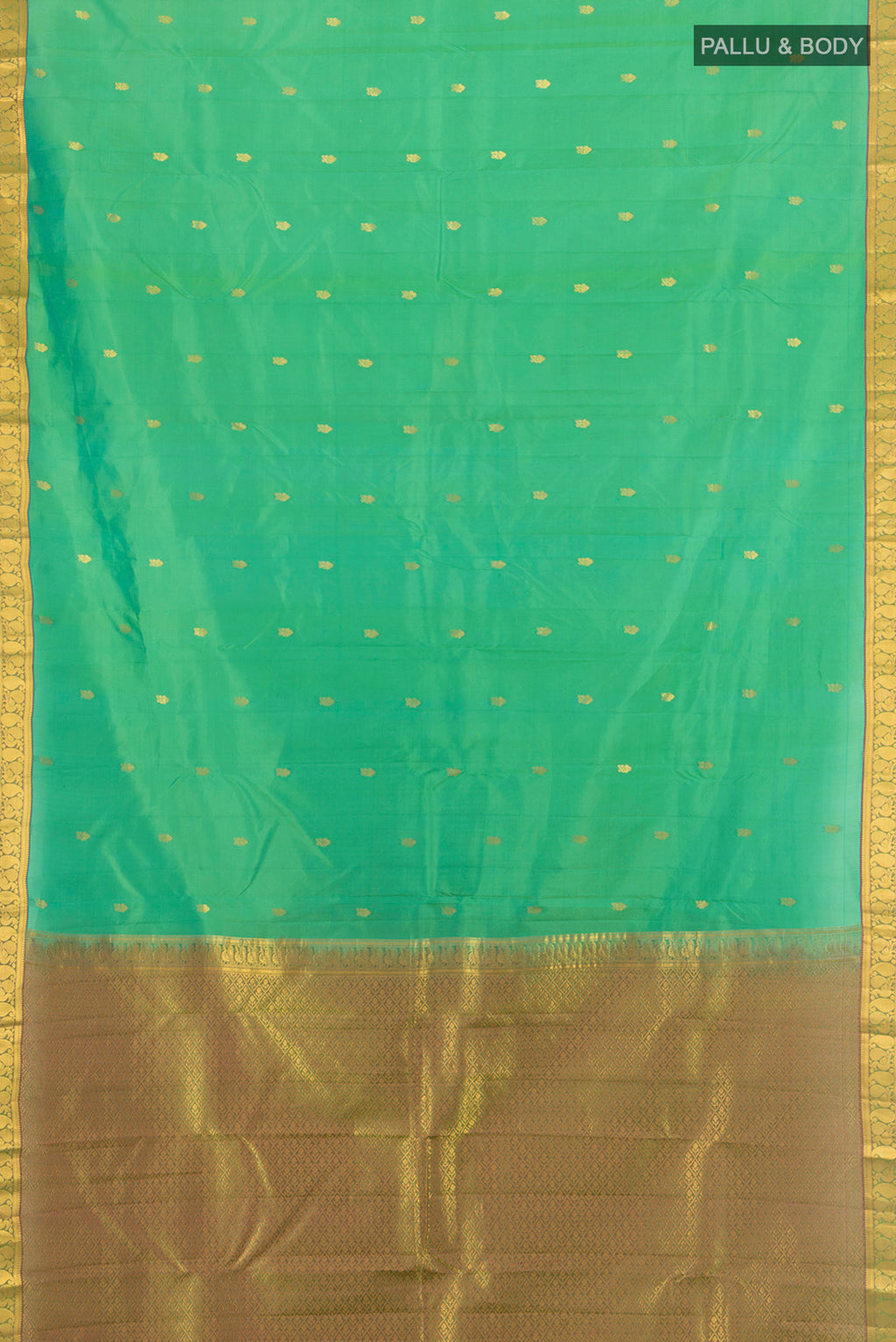 Flat view of Light Green Kanjivaram Silk Saree with Zari Butta on the body and Zari Border. 