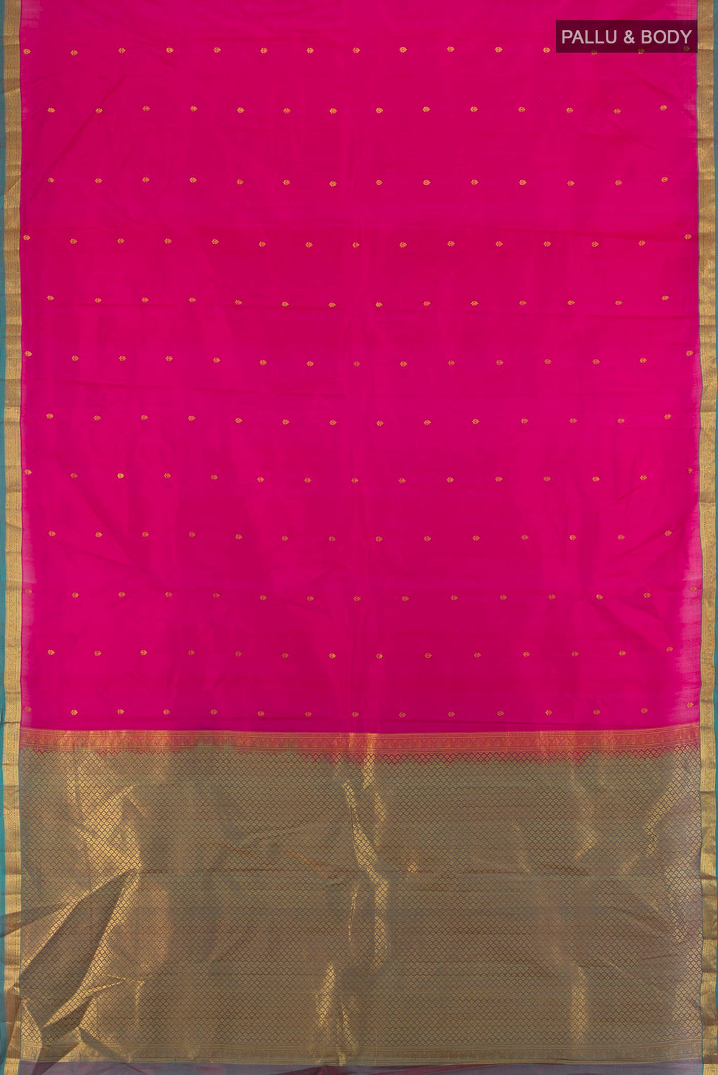 Flat view of Dark Pink Kanjivaram Silk Saree with Zari Butta on the body and Zari Border. 