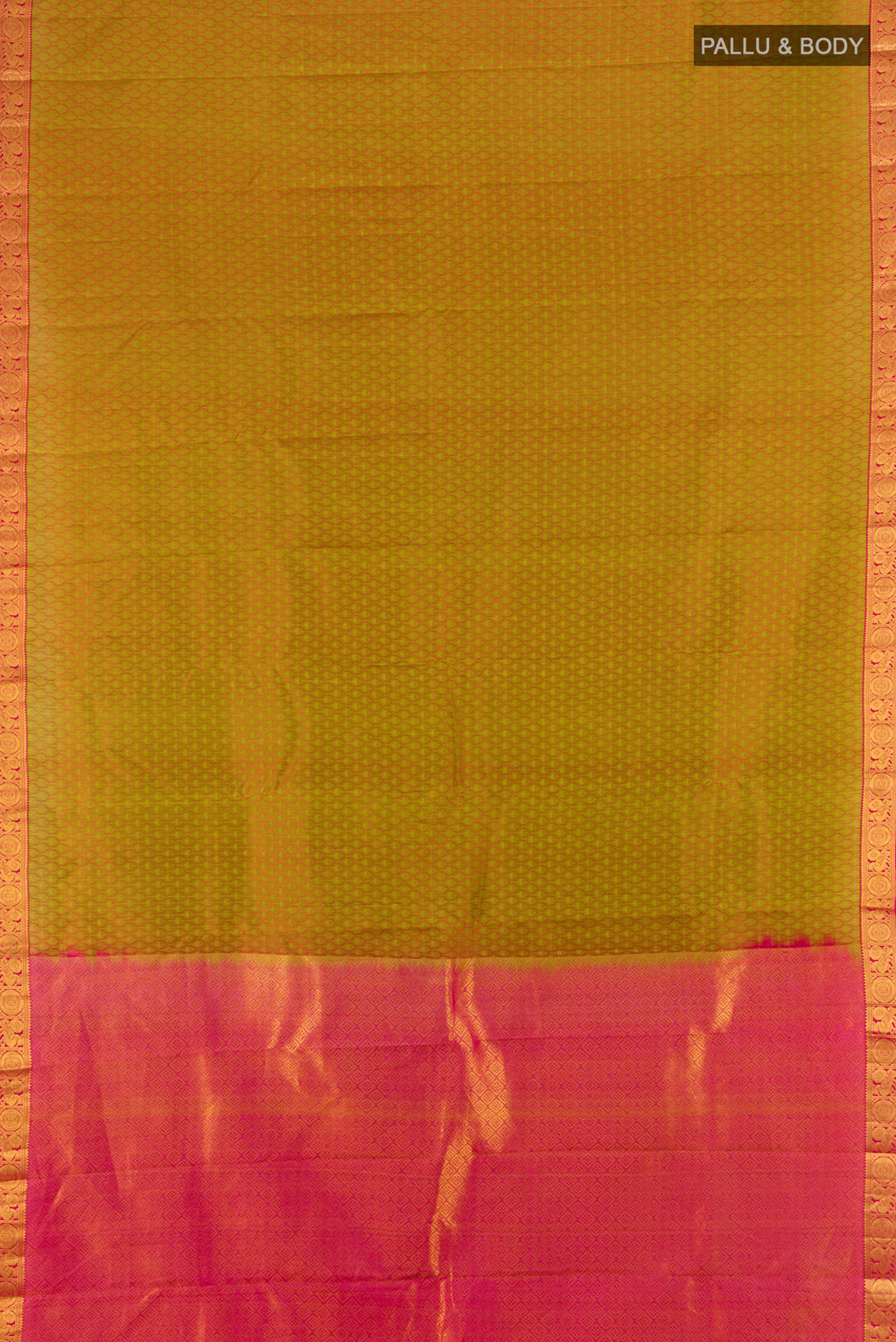 Flat view of Mehandi Green Kanjivaram Silk Saree with Jacquard design on the body and Zari Border. 