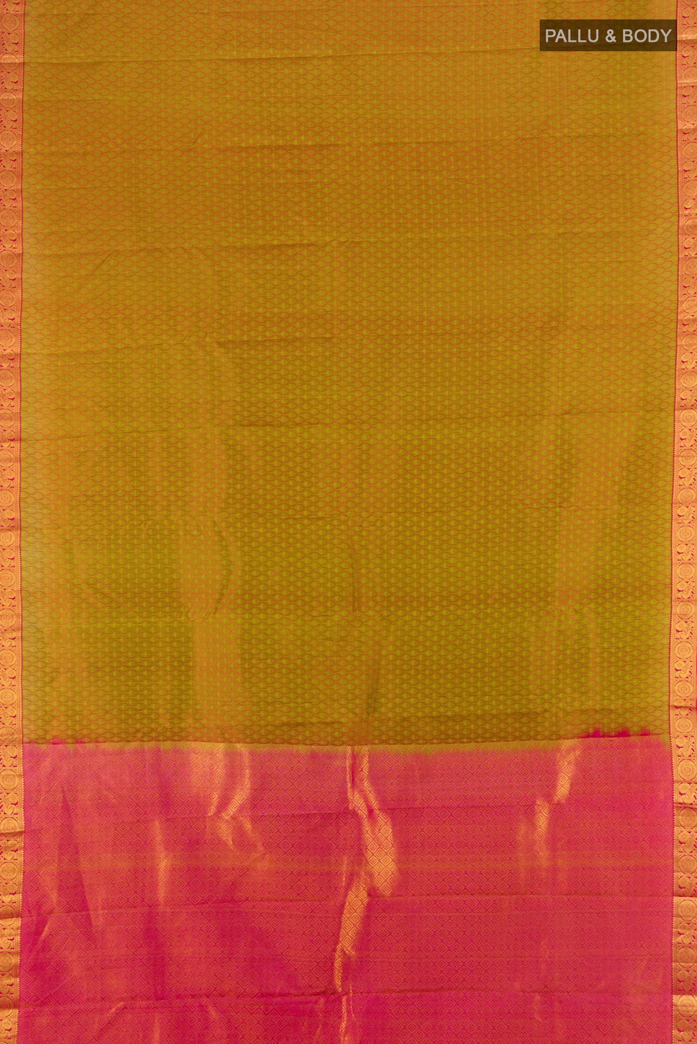 Flat view of Mehandi Green Kanjivaram Silk Saree with Jacquard design on the body and Zari Border. 