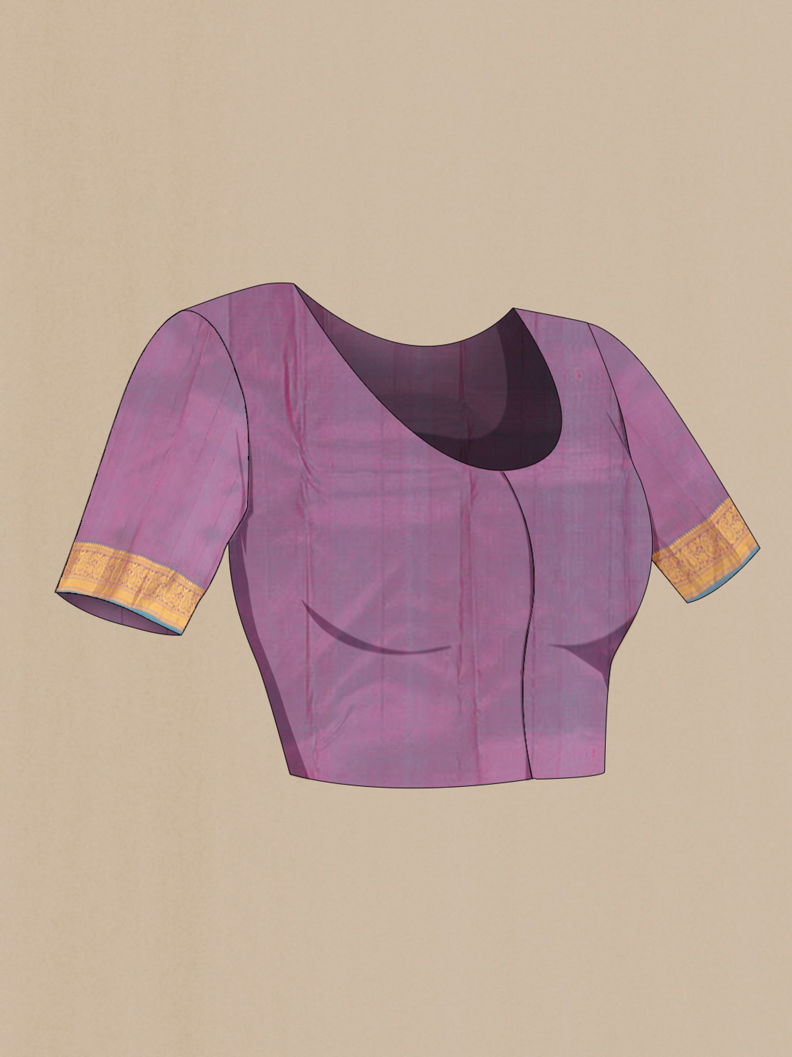 Close up image of the blouse of Pink Kanjivaram Silk Saree with Zari Butta on the body and Zari Border. 