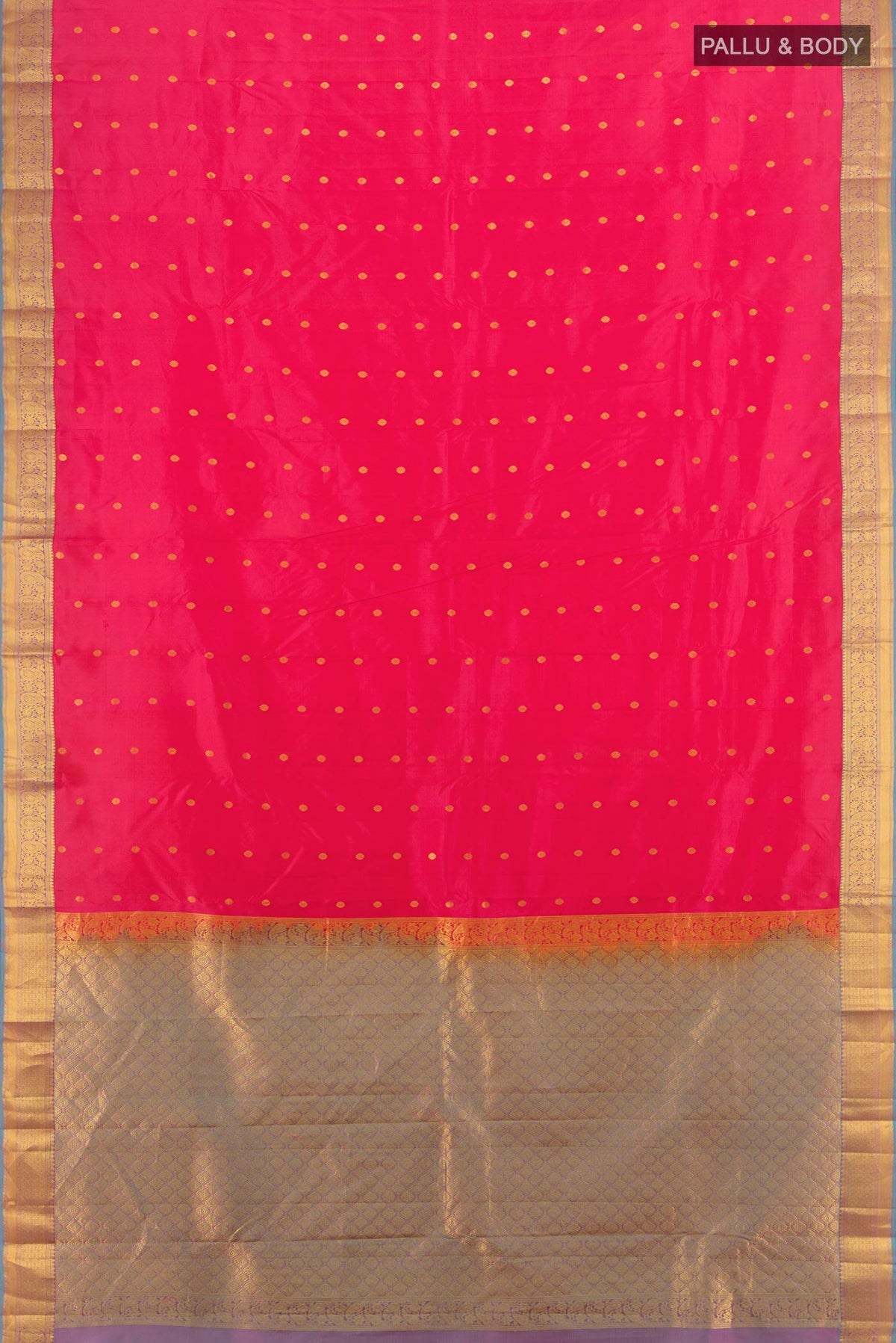 Flat view of Pink Kanjivaram Silk Saree with Zari Butta on the body and Zari Border. 