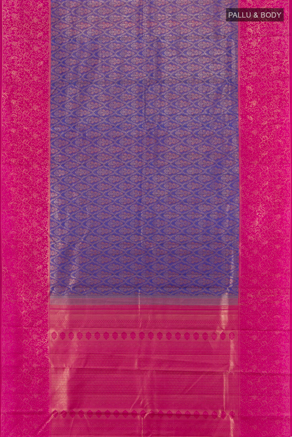 Flat view of Violet Kanchipuram Silk Saree with Zari Brocade on the body and Zari Border. 