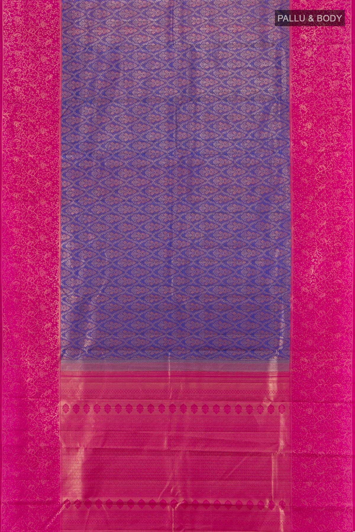 Flat view of Violet Kanchipuram Silk Saree with Zari Brocade on the body and Zari Border. 