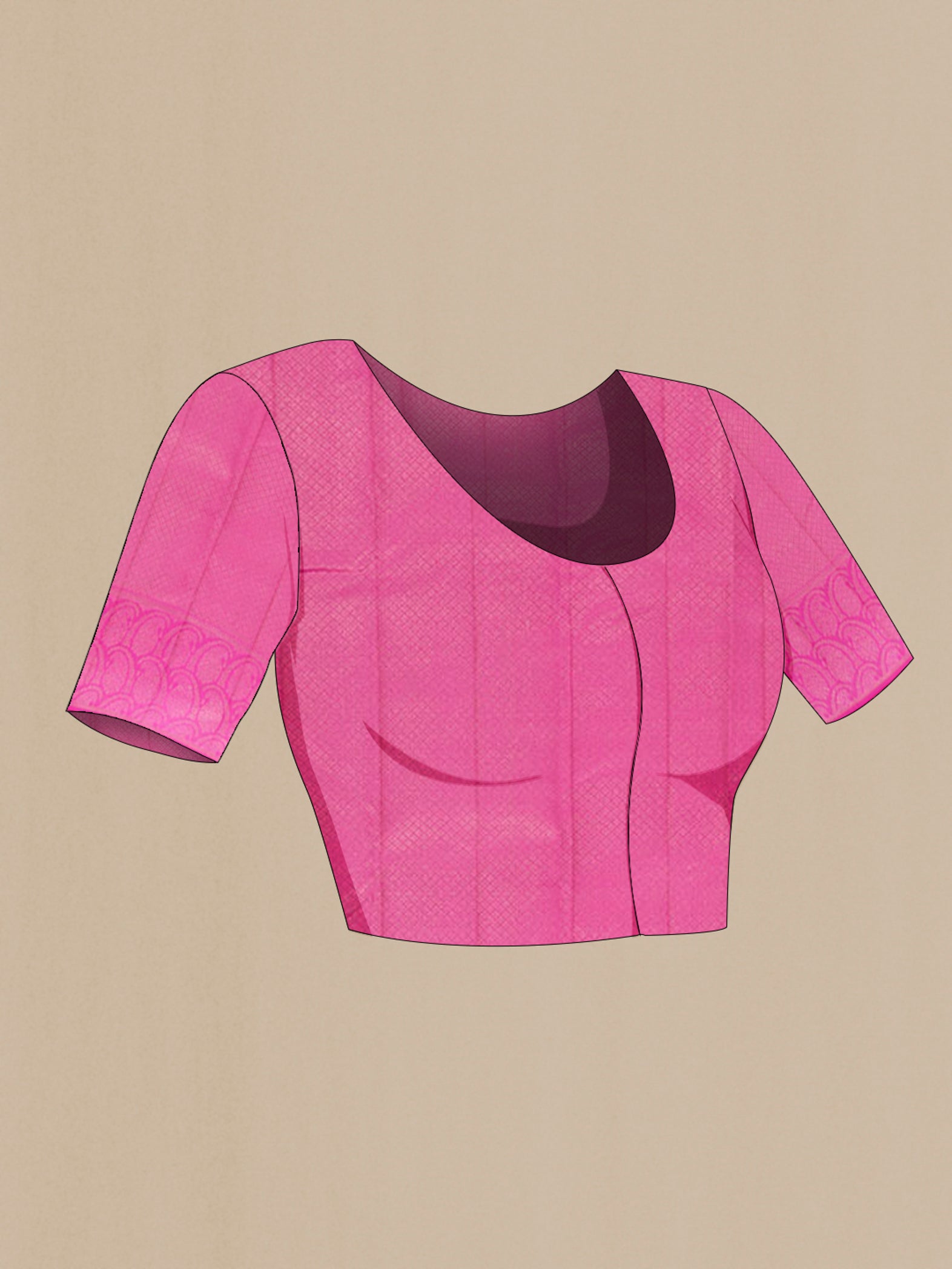 Close up image of the blouse of Rose Gold Kanchipuram Silk Saree with Zari Brocade on the body and Zari Border. 