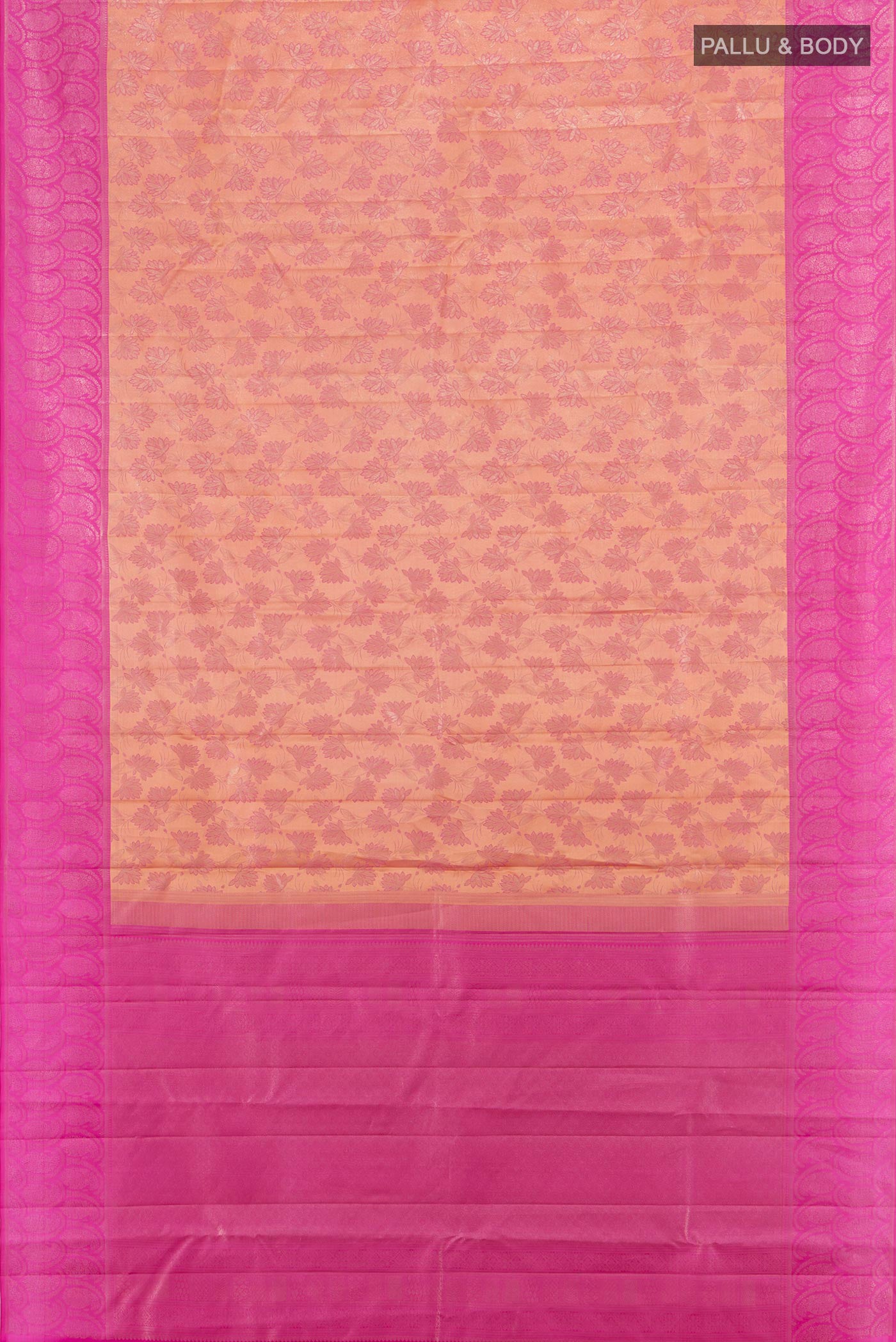 Flat view of Rose Gold Kanchipuram Silk Saree with Zari Brocade on the body and Zari Border. 