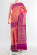 Coral Kanchipuram Silk Saree with Zari Brocade on the body and Zari Border.  displayed on a mannequin