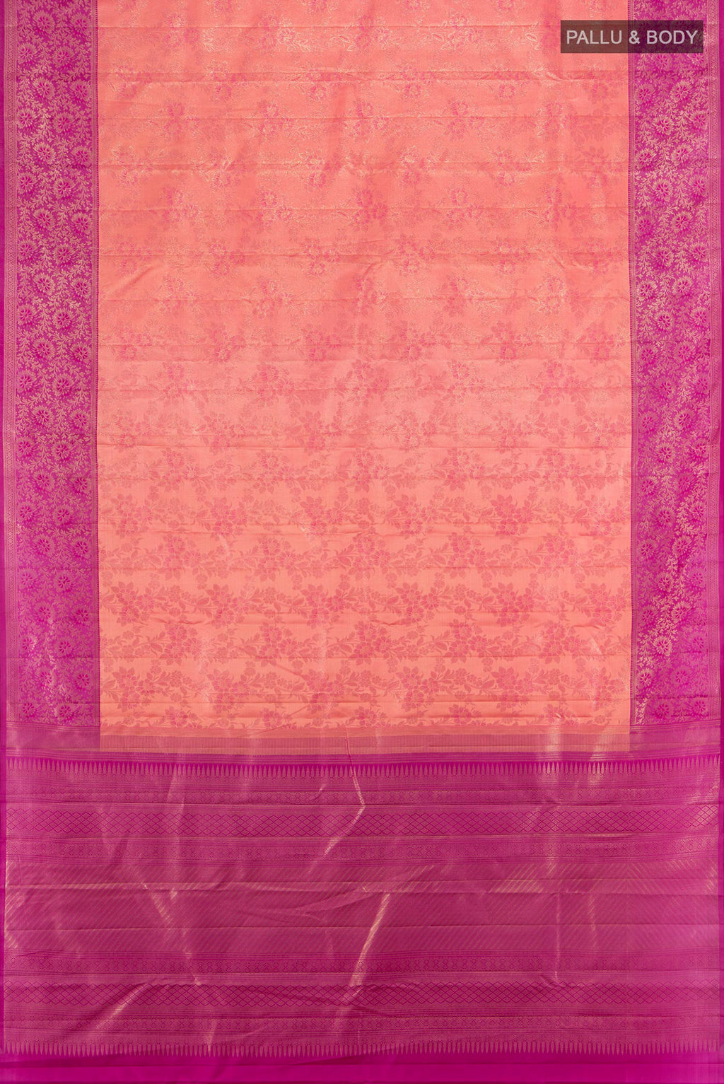 Flat view of Coral Kanchipuram Silk Saree with Zari Brocade on the body and Zari Border. 
