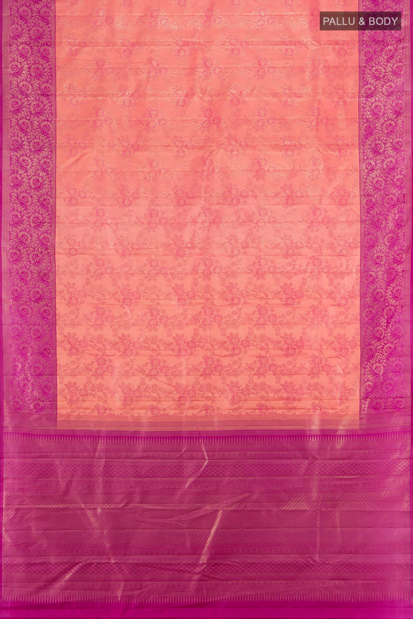 Flat view of Coral Kanchipuram Silk Saree with Zari Brocade on the body and Zari Border. 