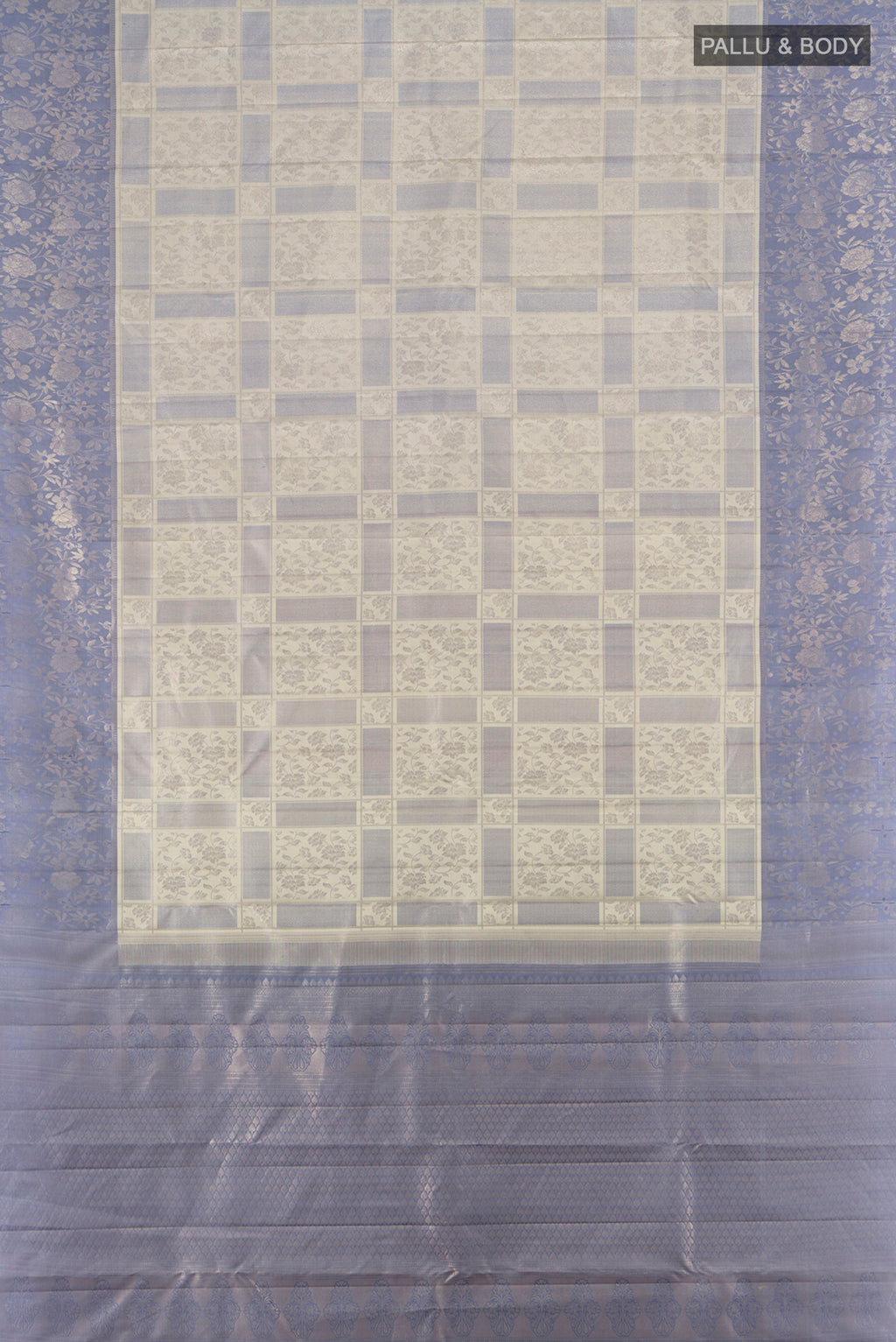 Flat view of Pure Silk Pure Zari Davys Grey Kanchipuram Saree with Zari Butta on the body and Silk Border. 
