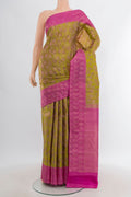 Mehandi Green Kanchipuram Silk Saree with Zari Brocade on the body and Zari Border.  displayed on a mannequin