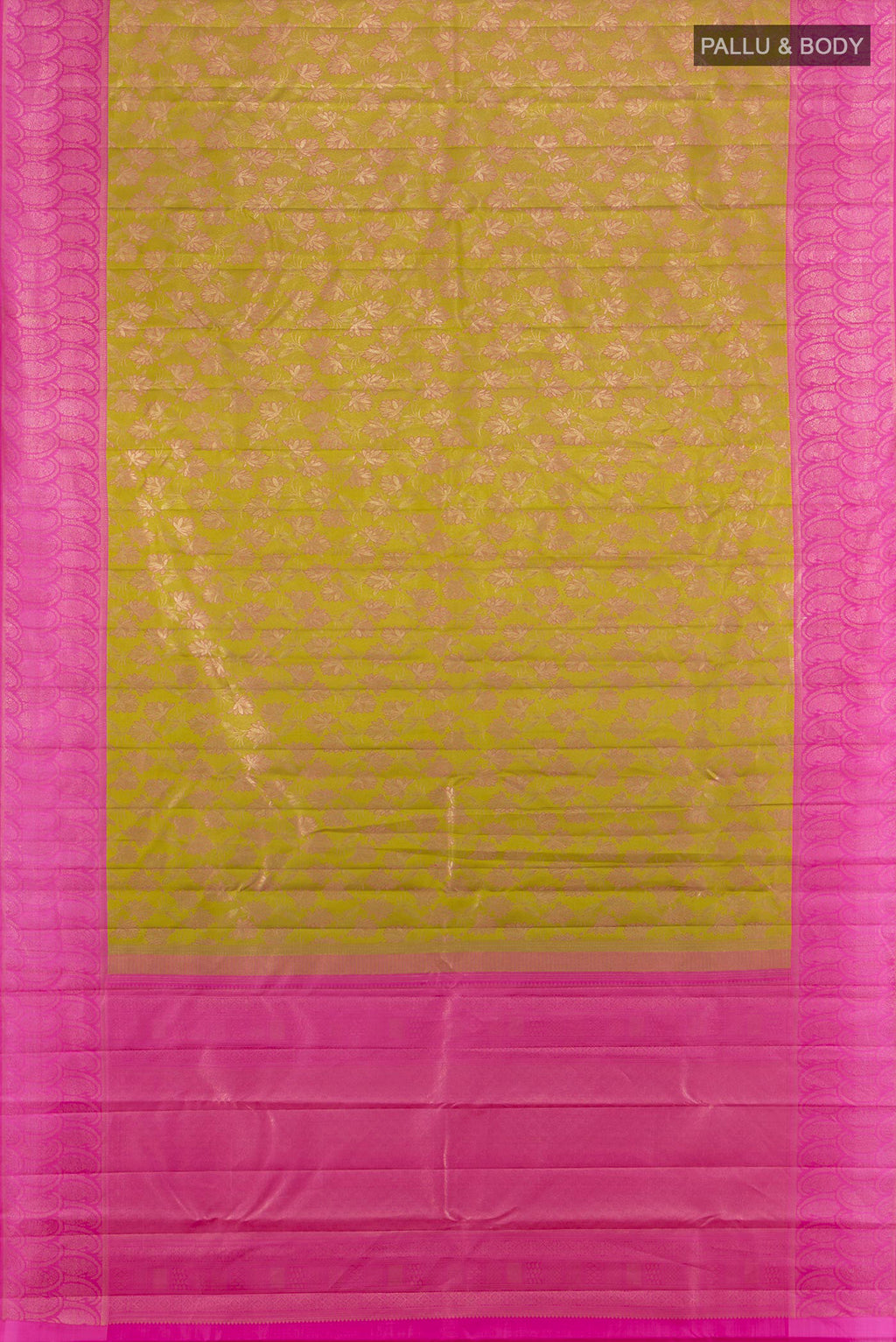Flat view of Mehandi Green Kanchipuram Silk Saree with Zari Brocade on the body and Zari Border. 