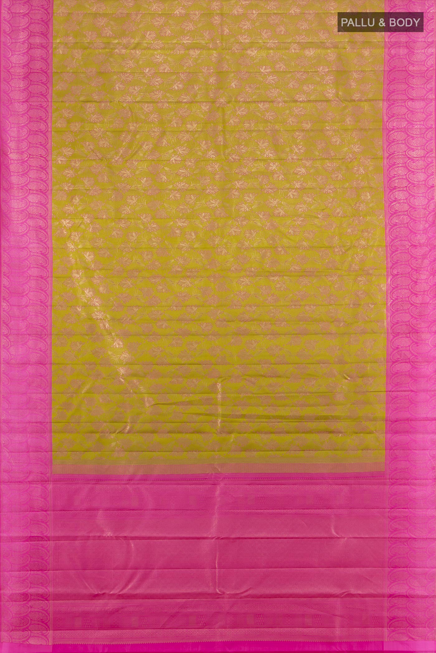 Flat view of Mehandi Green Kanchipuram Silk Saree with Zari Brocade on the body and Zari Border. 