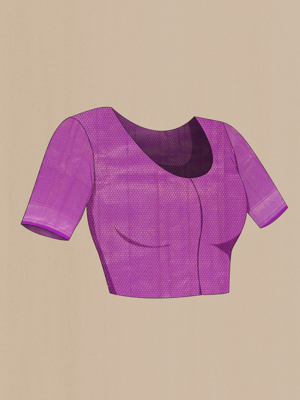 Close up image of the blouse of Violet Kanchipuram Silk Saree with Zari Brocade on the body and Zari Border. 