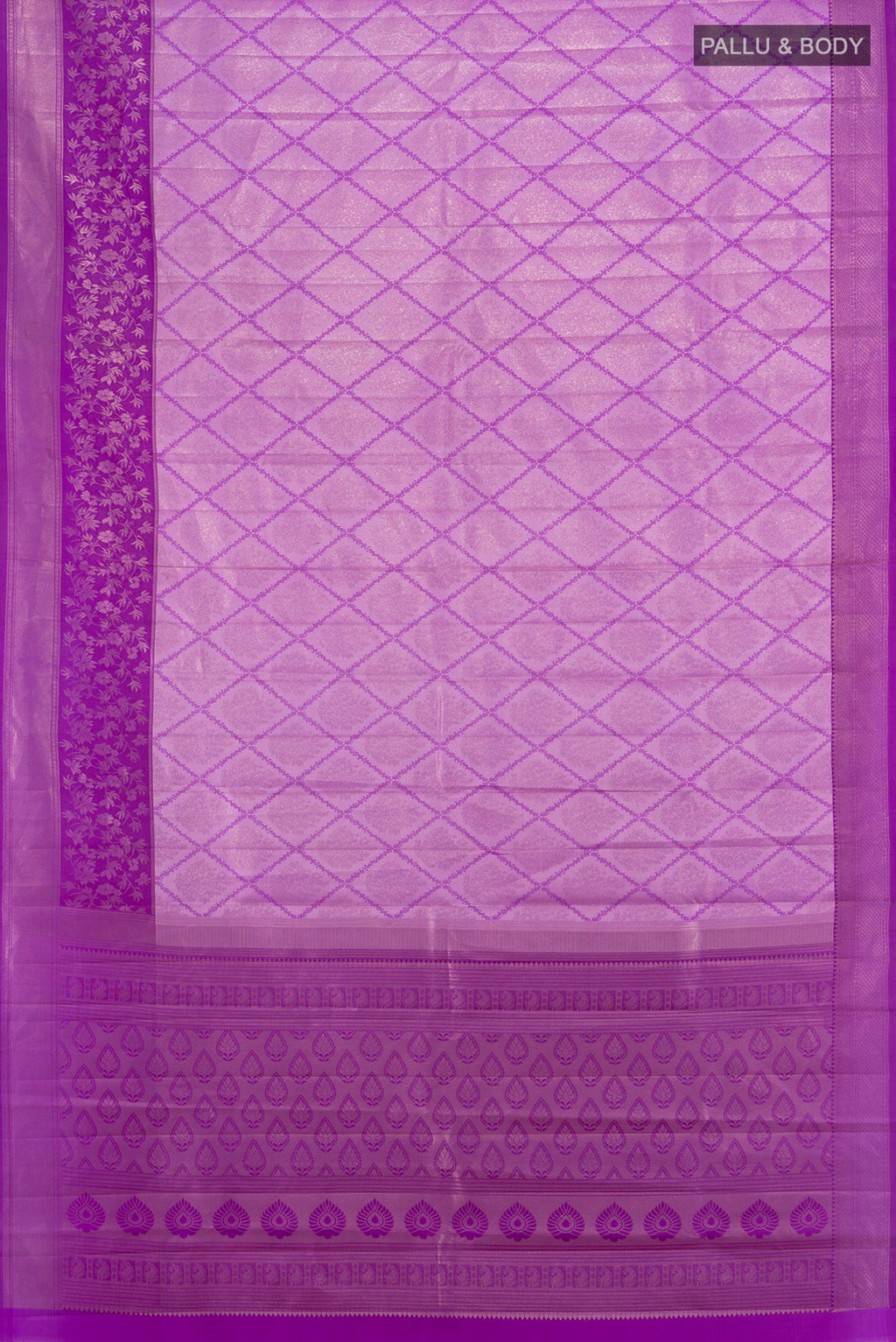 Flat view of Violet Kanchipuram Silk Saree with Zari Brocade on the body and Zari Border. 