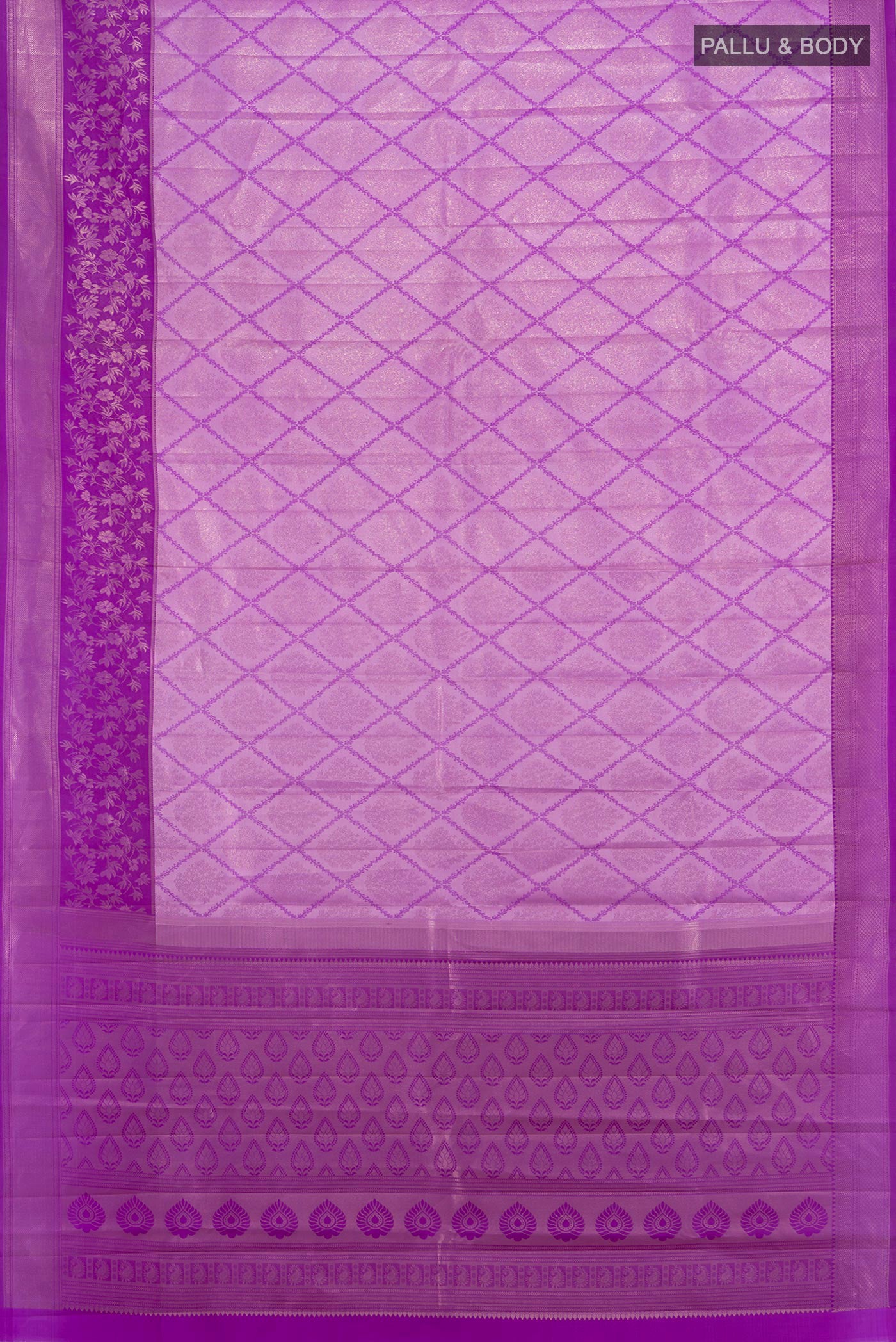 Flat view of Violet Kanchipuram Silk Saree with Zari Brocade on the body and Zari Border. 