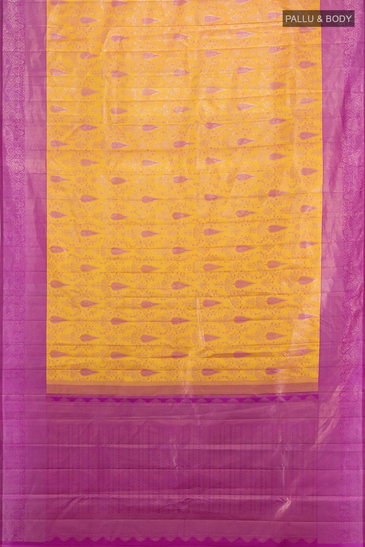 Flat view of Mustard Kanchipuram Silk Saree with Zari Brocade on the body and Zari Border. 