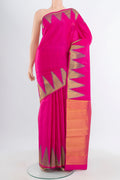 Pink Kanchipuram Silk Saree with Plain Body and Temple Border.  displayed on a mannequin