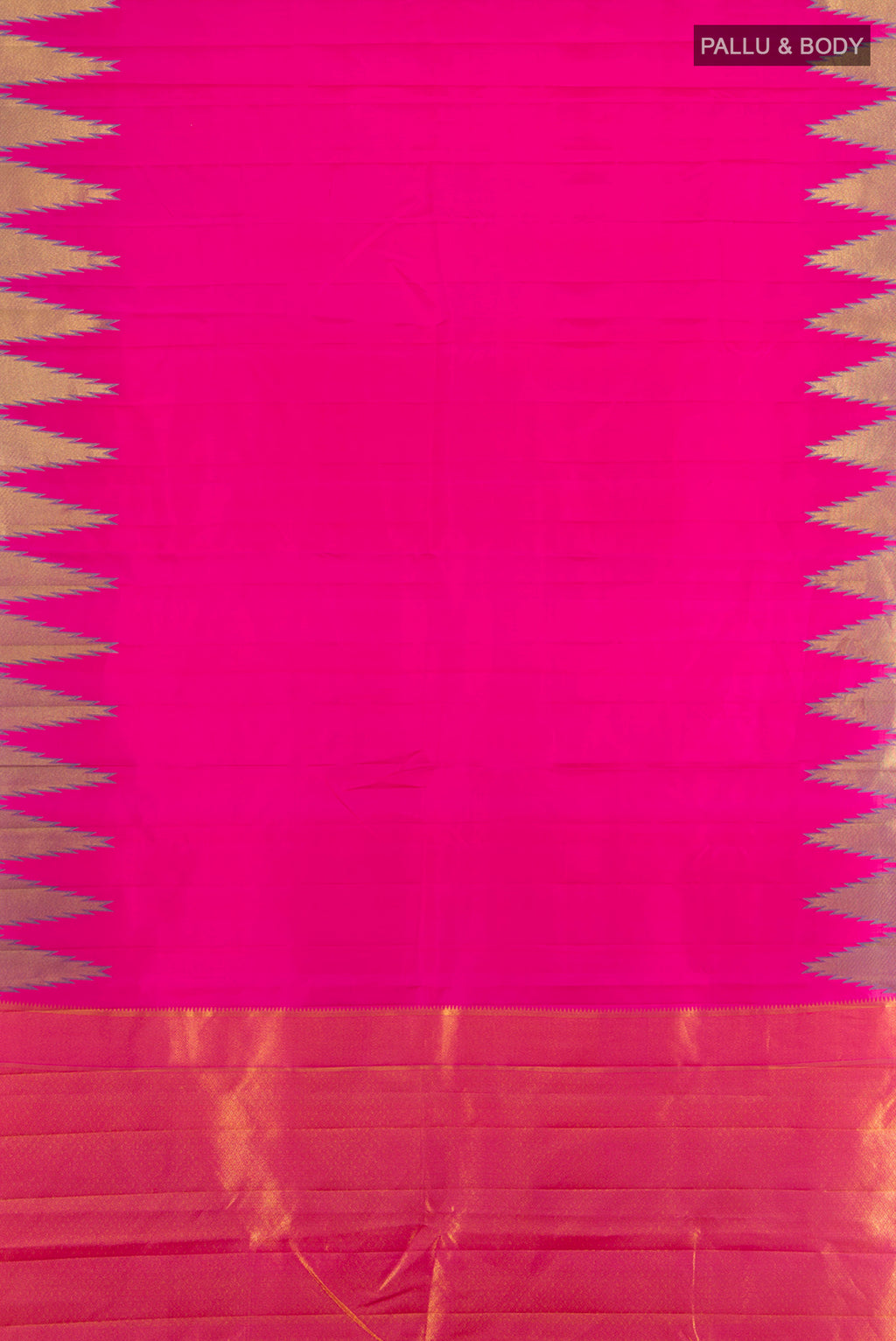 Flat view of Pink Kanchipuram Silk Saree with Plain Body and Temple Border. 