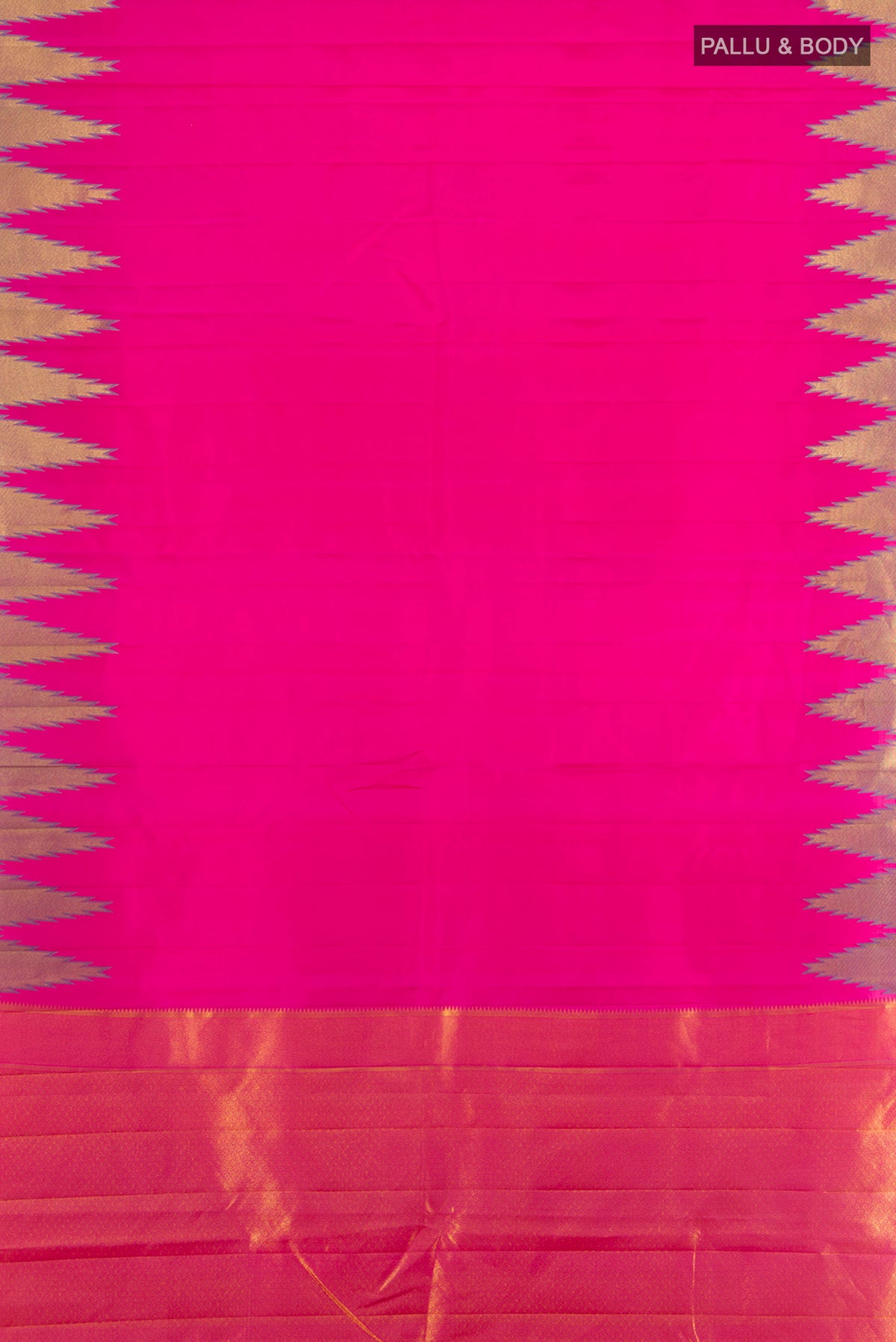 Flat view of Pink Kanchipuram Silk Saree with Plain Body and Temple Border. 