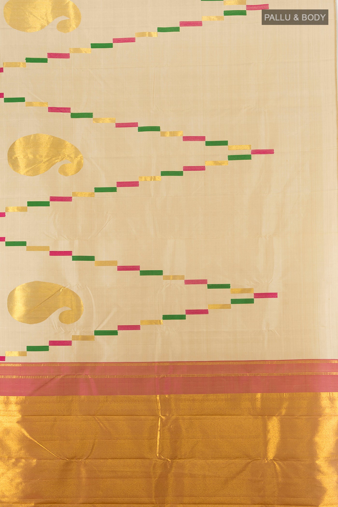 Flat view of Pure Silk Pure Zari Beige Kanjivaram Saree with Zari Butta on the body and Silk Border. 