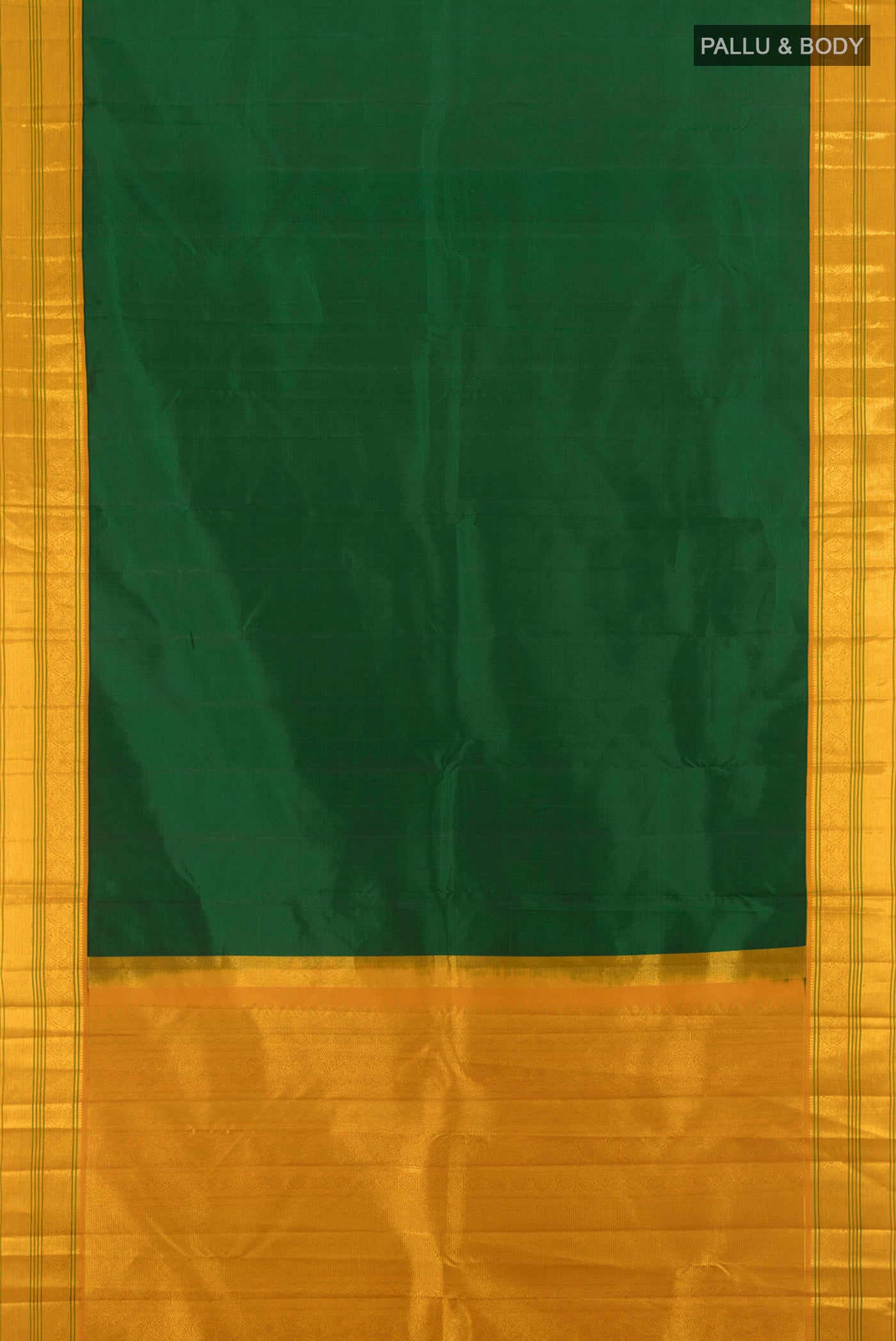 Flat view of Bottle Green Kanchipuram Silk Saree with Plain Body and Zari Border. 