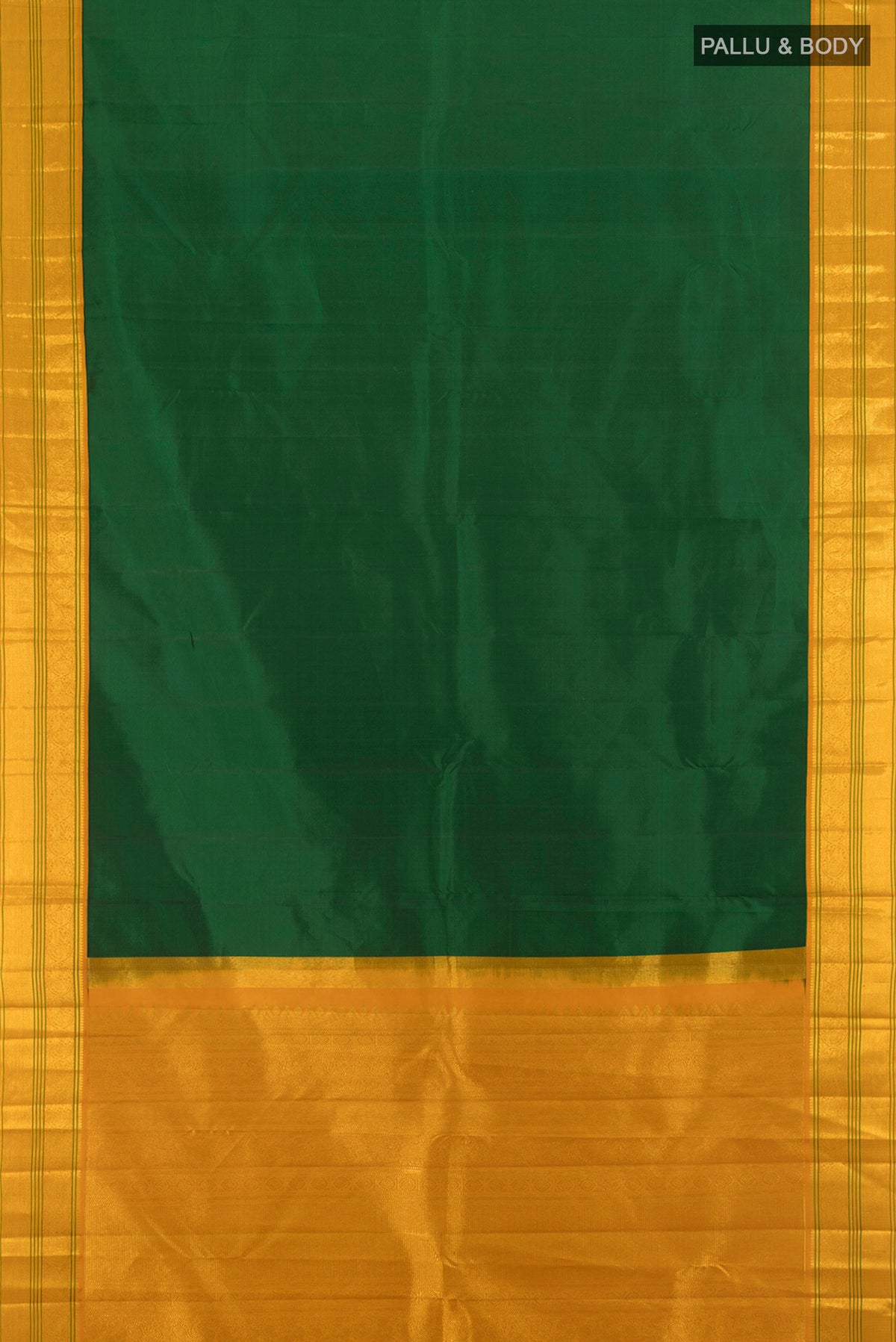 Flat view of Bottle Green Kanchipuram Silk Saree with Plain Body and Zari Border. 