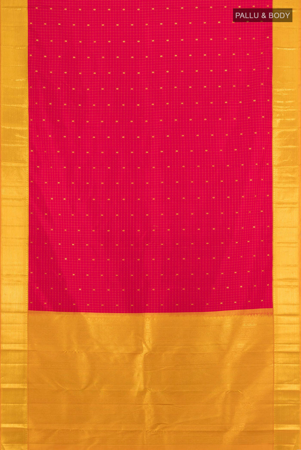 Flat view of Maroon Kanjivaram Silk Saree with Zari Butta on the body and Silk Border. 