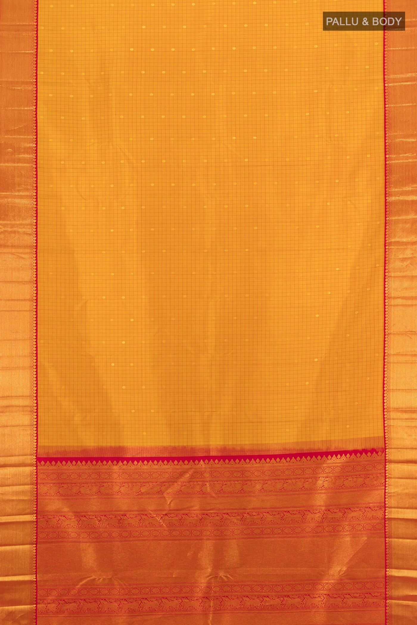 Flat view of Pure Silk Pure Zari Yellow Kanjivaram Saree with Zari Butta on the body and Silk Border. 