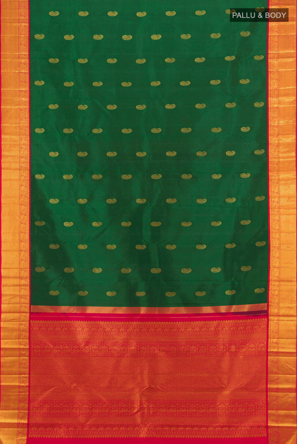 Flat view of Mint Green Kanjivaram Silk Saree with Zari Butta on the body and Silk Border. 