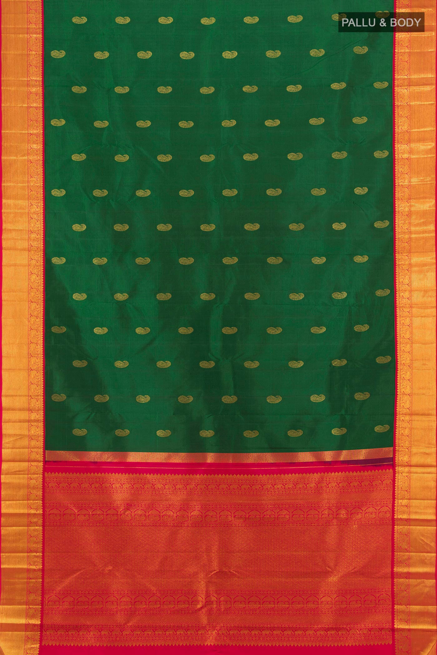 Flat view of Mint Green Kanjivaram Silk Saree with Zari Butta on the body and Silk Border. 