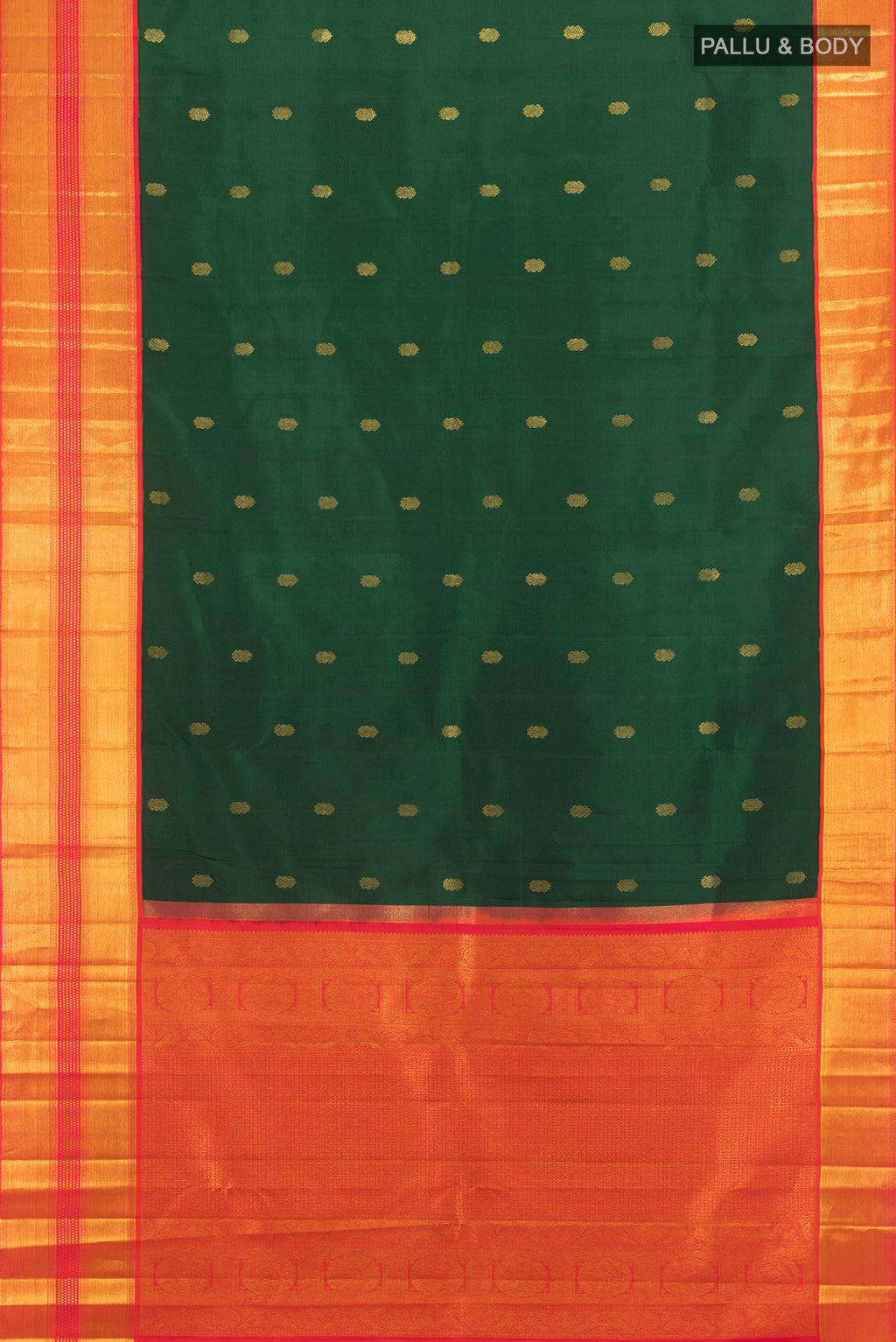 Flat view of Bottle Green Kanjivaram Silk Saree with Zari Butta on the body and Zari Border. 