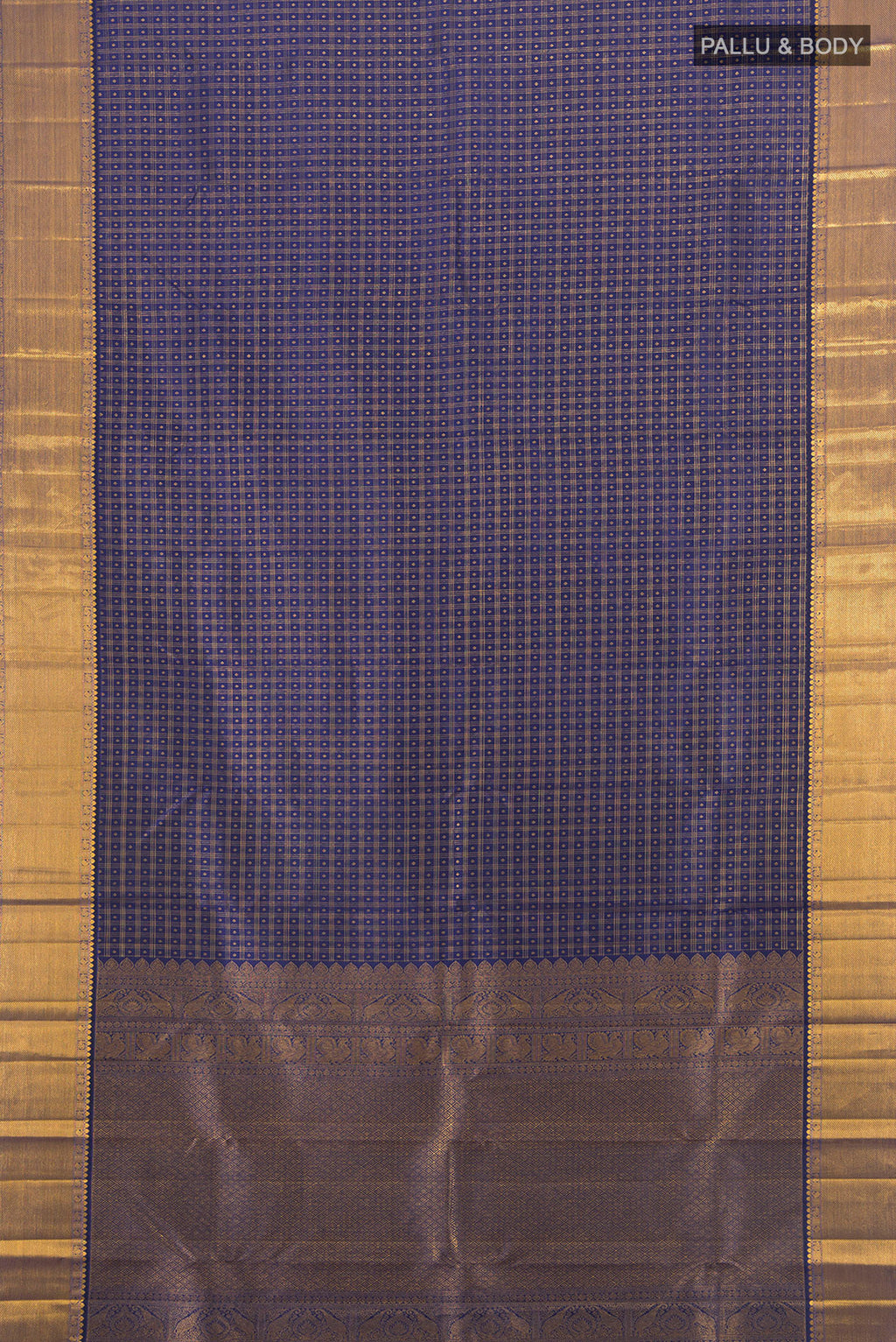 Flat view of Dark Blue Kanjivaram Silk Saree with Checked design on the body and Zari Border. 
