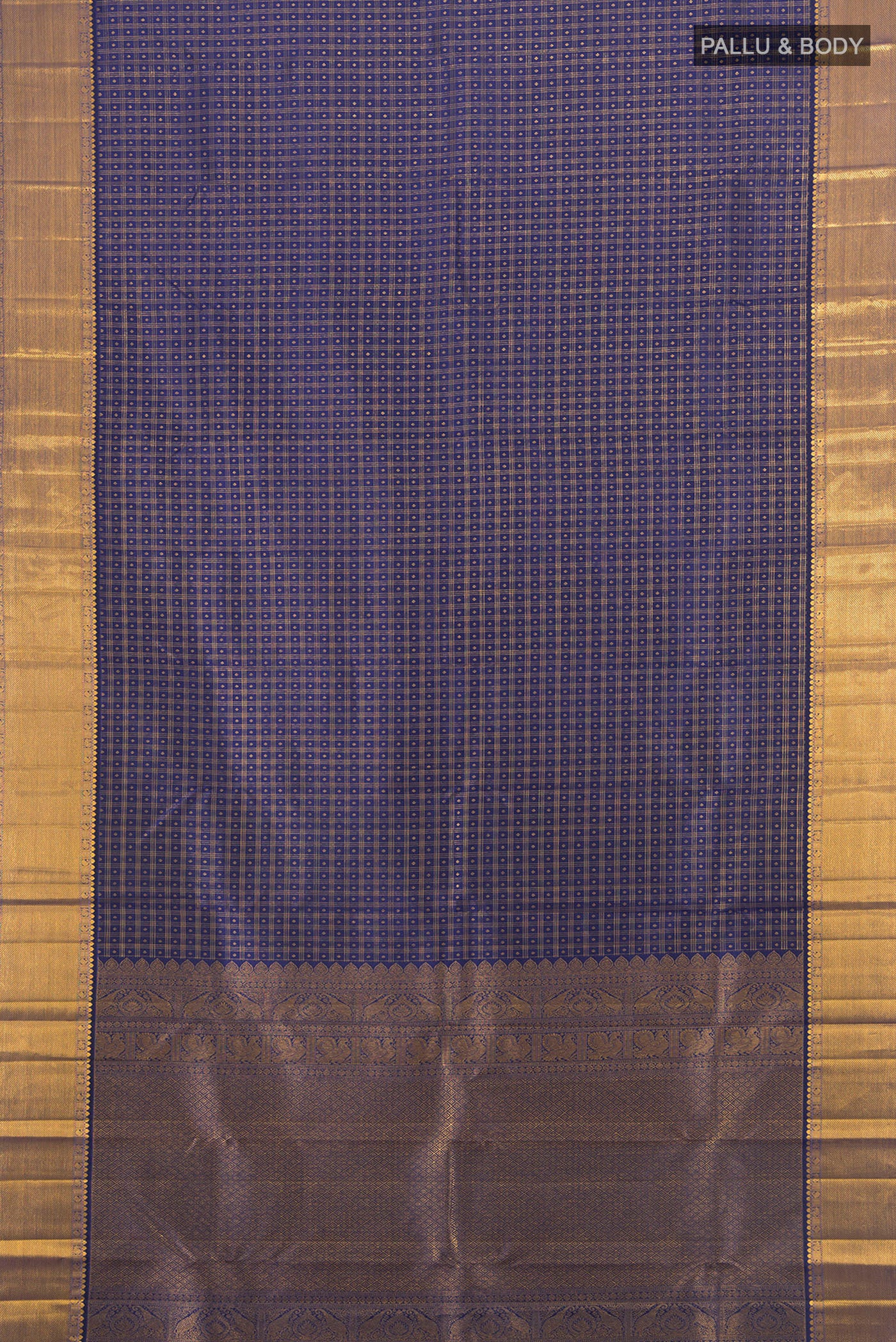 Flat view of Dark Blue Kanjivaram Silk Saree with Checked design on the body and Zari Border. 