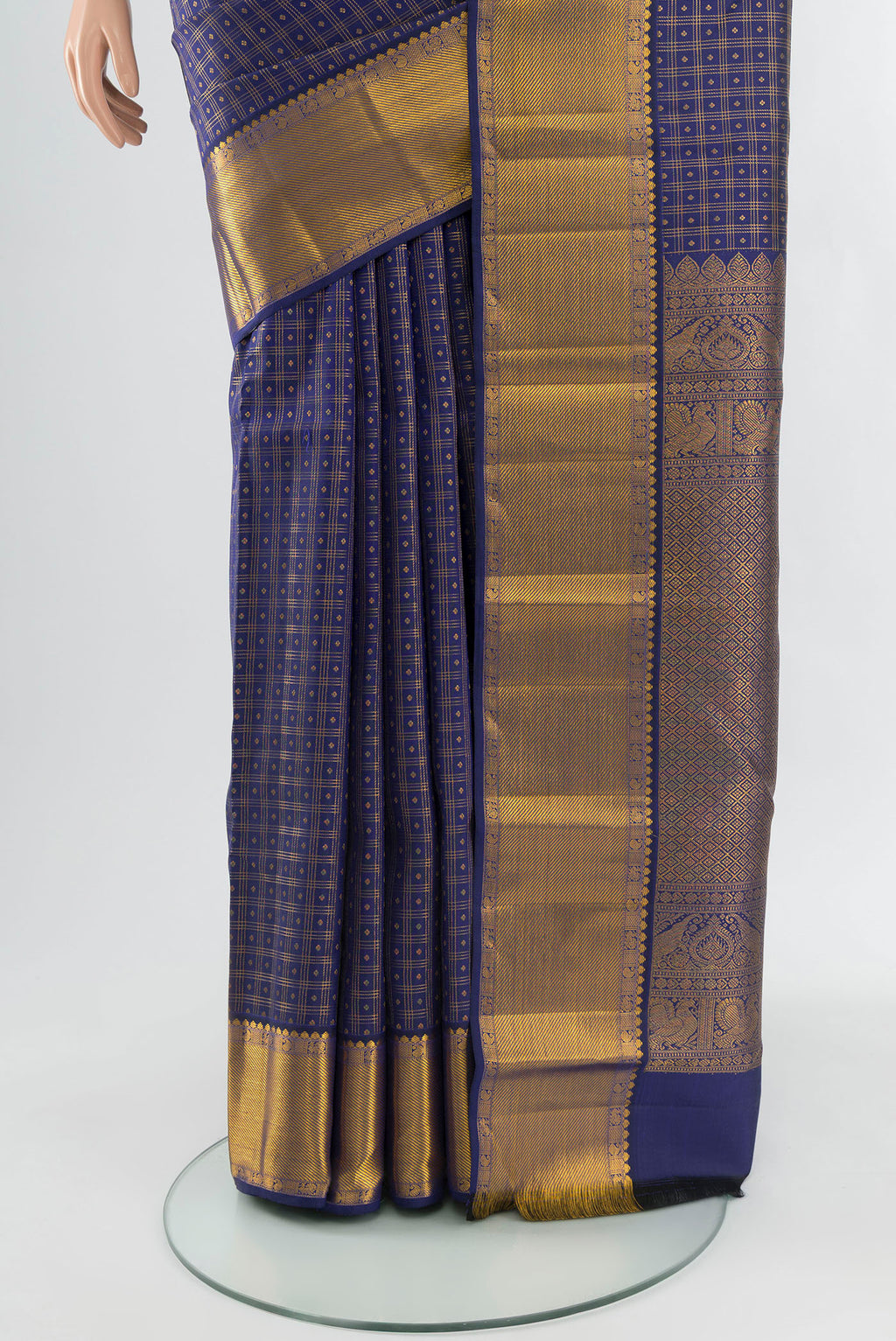 Pleats and pallu of Dark Blue Kanjivaram Silk Saree with Checked design on the body and Zari Border. 