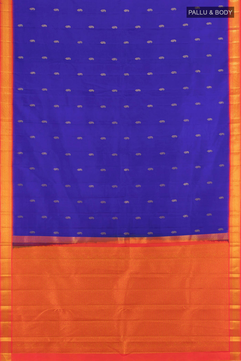 Flat view of Royal Blue Kanchipuram Silk Saree with Zari Butta on the body and Zari Border. 
