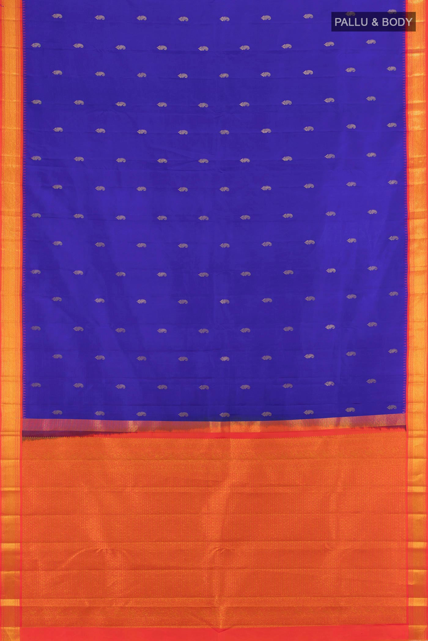 Flat view of Royal Blue Kanchipuram Silk Saree with Zari Butta on the body and Zari Border. 