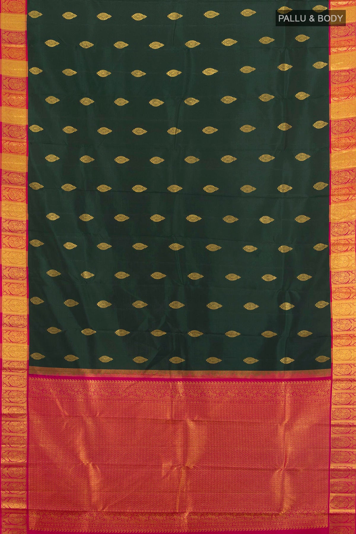 Flat view of Pure Silk Bottle Green Kanchipuram Saree with Zari Butta on the body and Zari Border. 