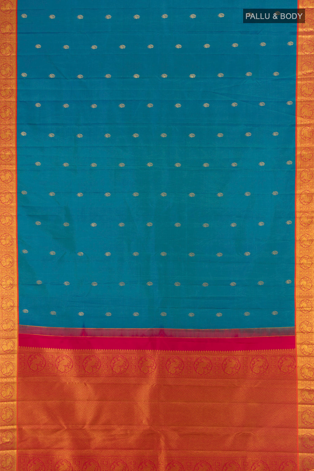 Flat view of Pure Silk Pure Zari Dark Blue Kanchipuram Saree with Zari Butta on the body and Silk Border. 