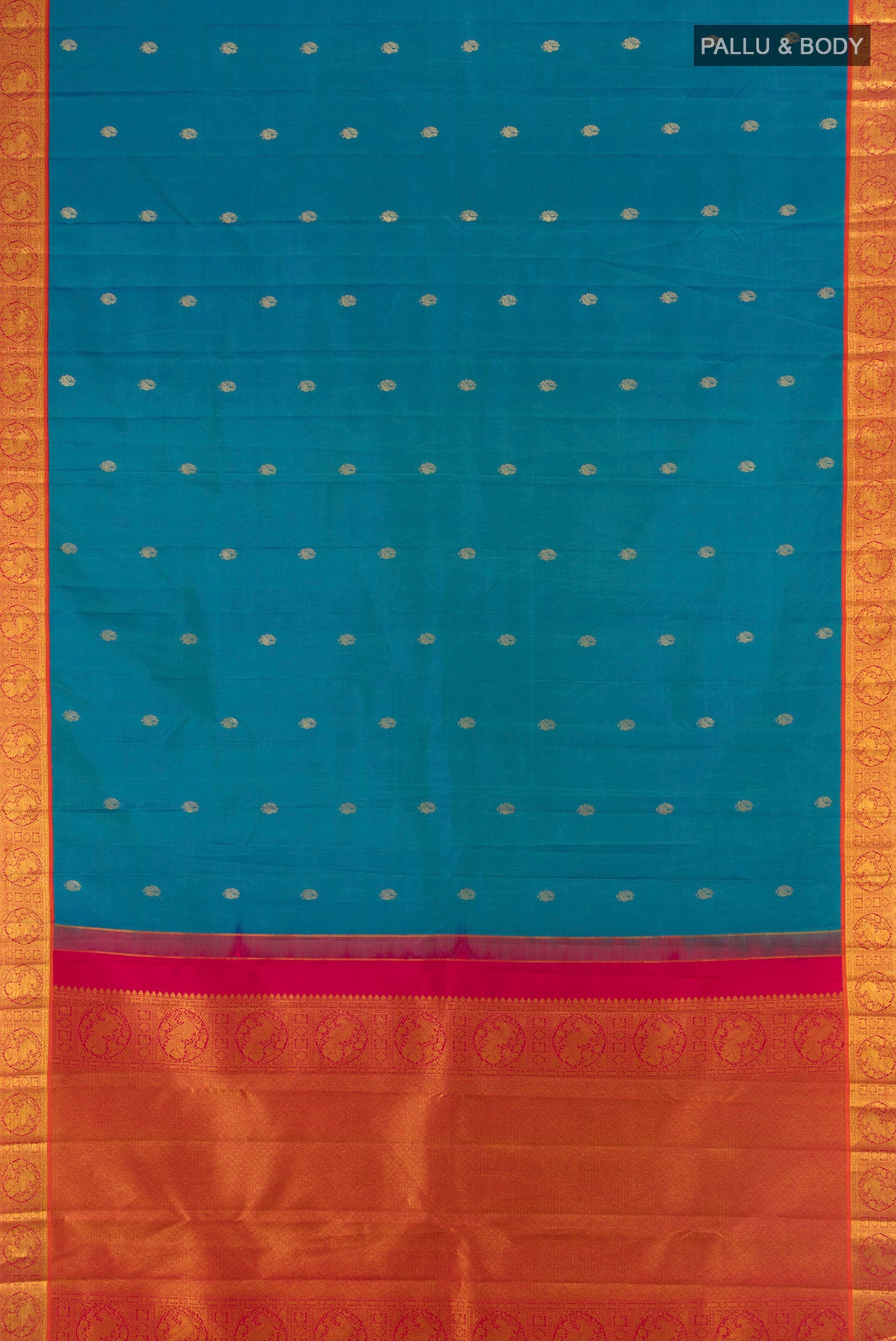 Flat view of Pure Silk Pure Zari Dark Blue Kanchipuram Saree with Zari Butta on the body and Silk Border. 
