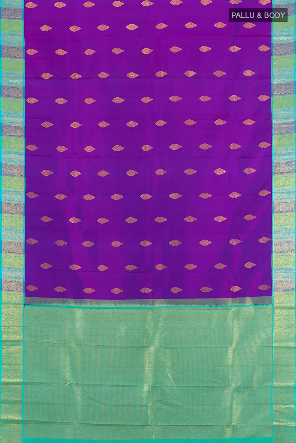 Flat view of Purple Kanchipuram Silk Saree with Zari Butta on the body and Zari Border. 