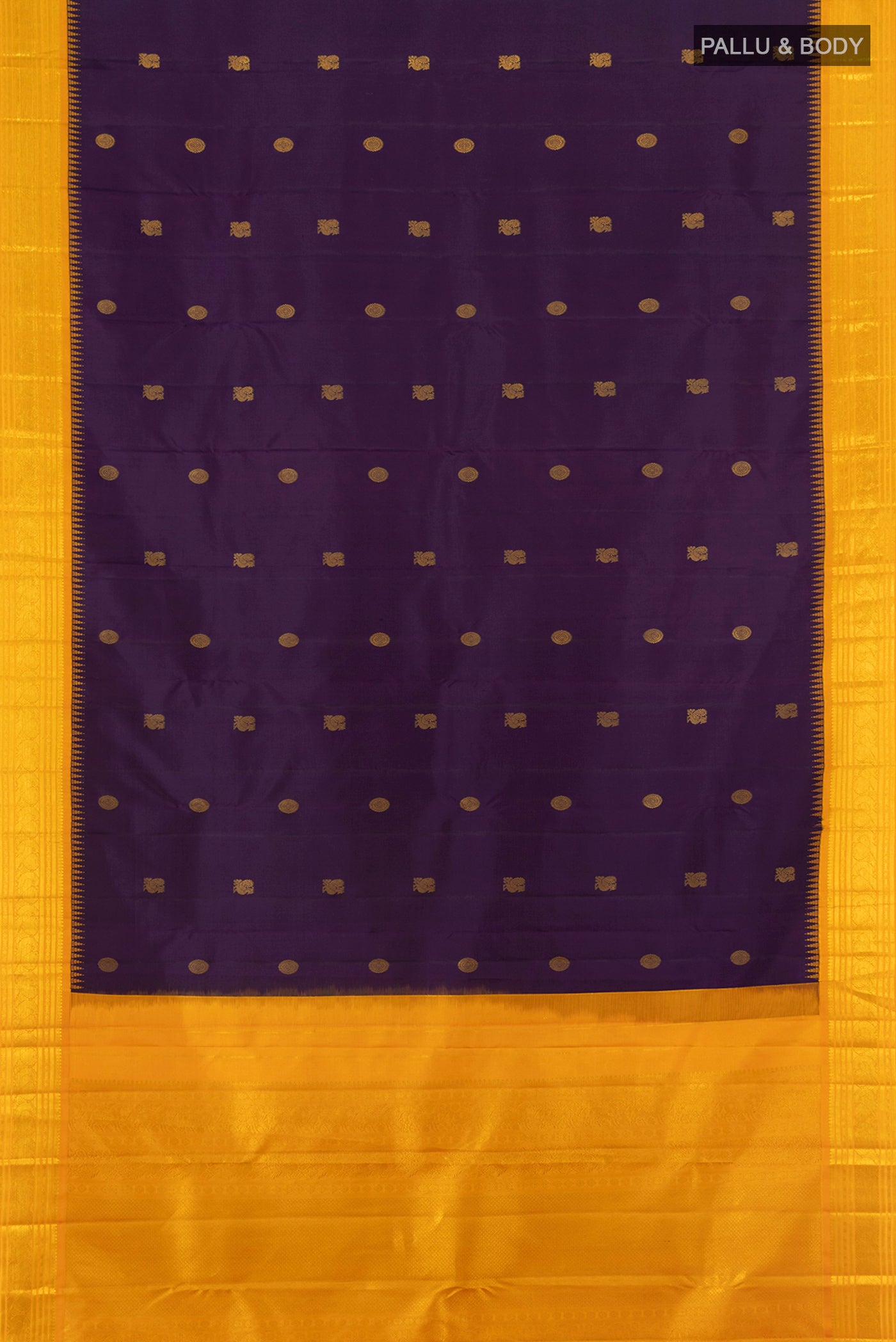 Flat view of Pure Silk Pure Zari Violet Kanchipuram Saree with Zari Butta on the body and Silk Border. 