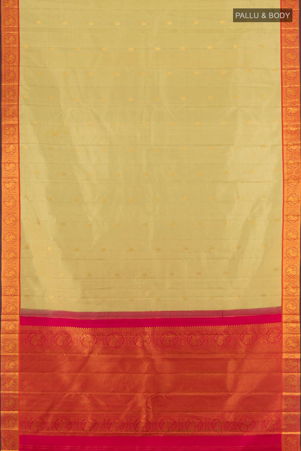 Flat view of Pure Silk Pure Zari Sandal Kanchipuram Saree with Zari Butta on the body and Silk Border. 
