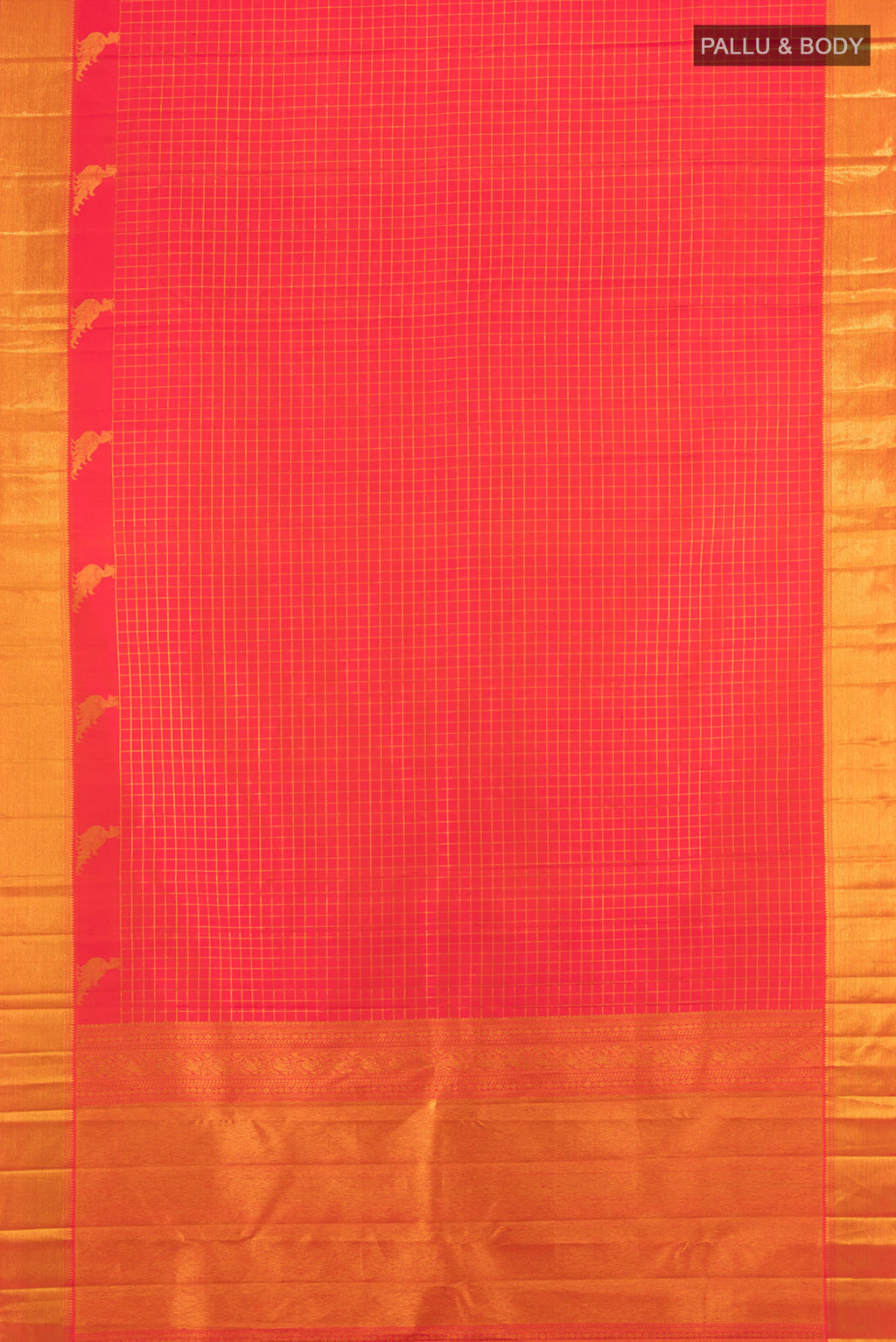 Flat view of Brick Orange Dual Tone Kanchipuram Silk Saree with Checked design on the body and Zari Border. 