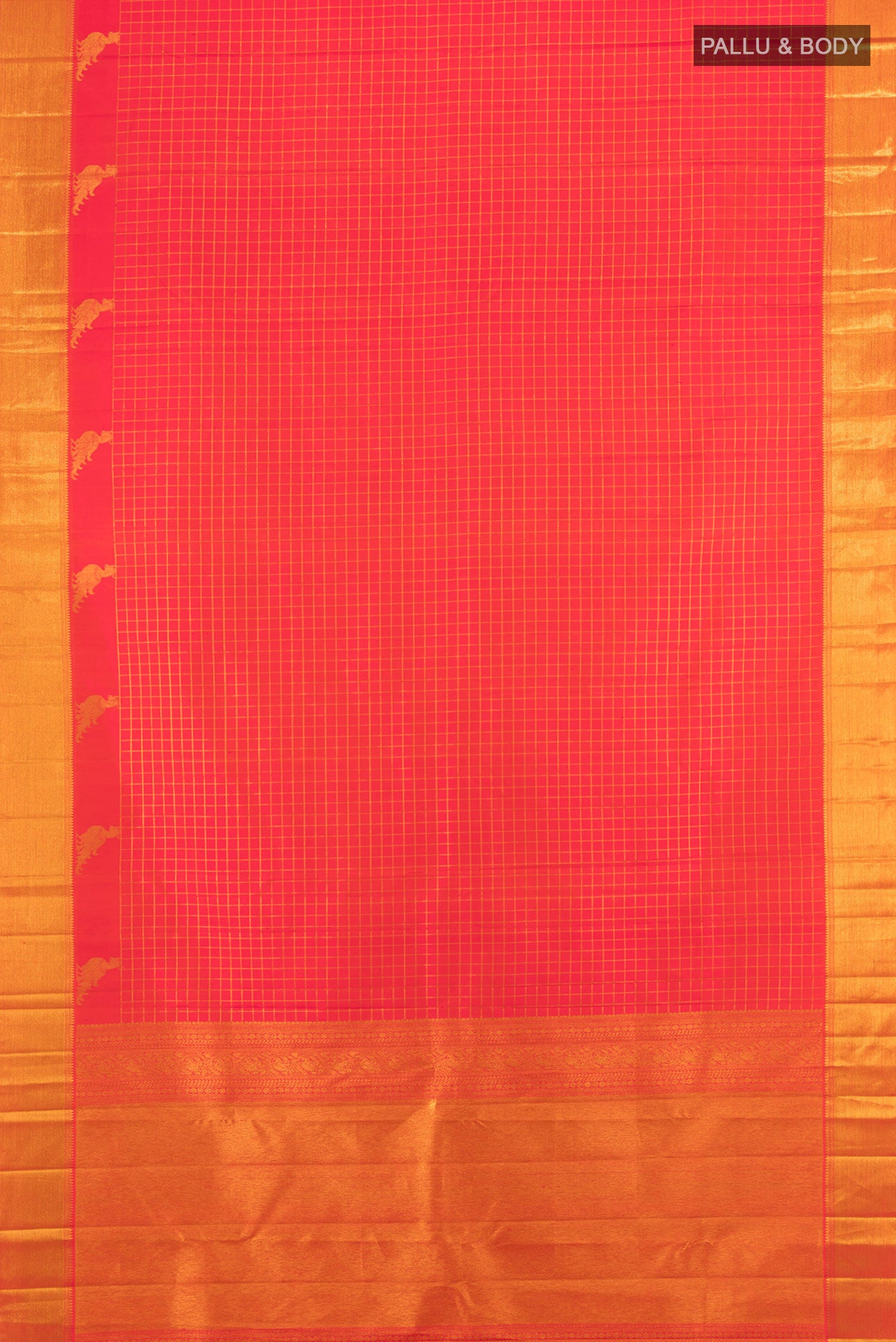 Flat view of Brick Orange Dual Tone Kanchipuram Silk Saree with Checked design on the body and Zari Border. 