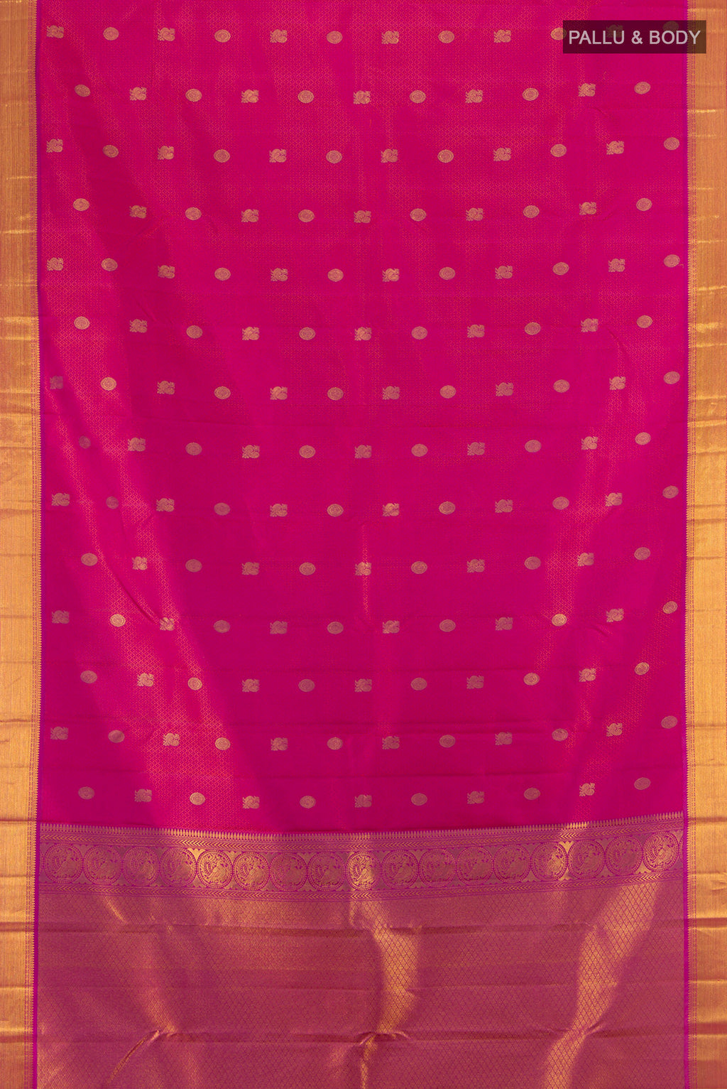 Flat view of Pure Silk Pure Zari Magenta Kanchipuram Saree with Zari Butta on the body and Zari Border. 