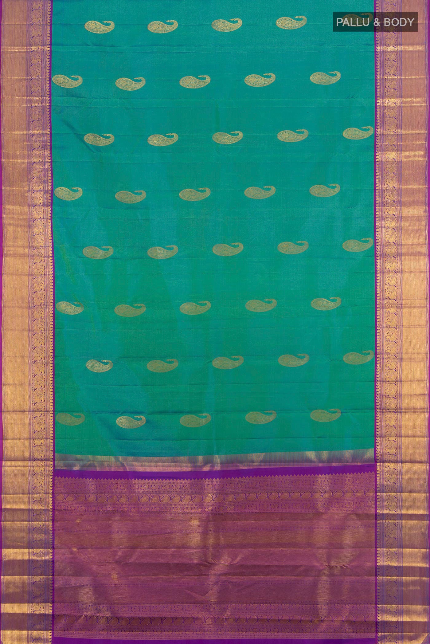 Flat view of Pure Silk Pure Zari Peacock Blue Kanchipuram Saree with Zari Butta on the body and Silk Border. 