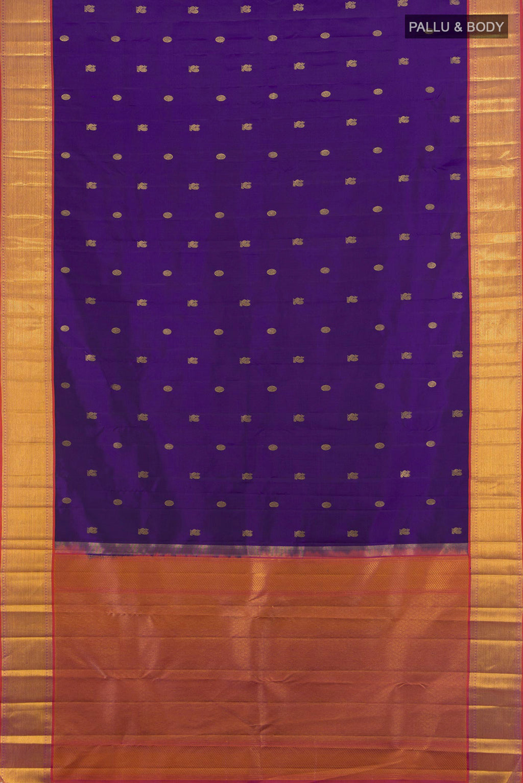 Flat view of Pure Silk Pure Zari Dark Blue Kanchipuram Saree with Zari Butta on the body and Silk Border. 