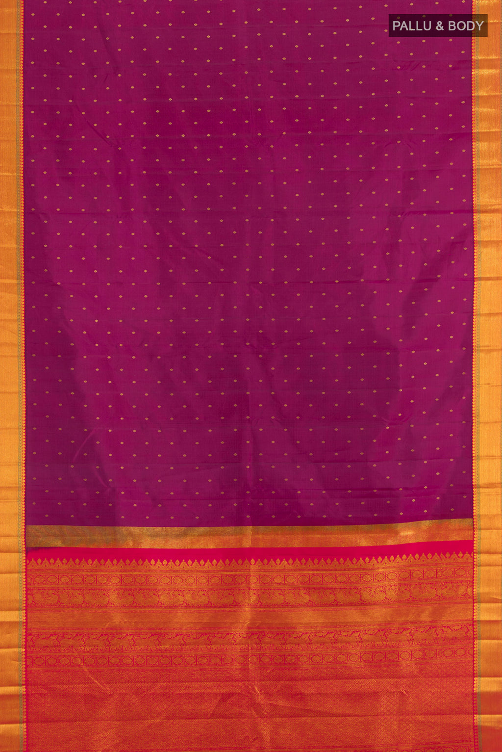 Flat view of Purple Kanchipuram Silk Saree with Zari Butta on the body and Zari Border. 